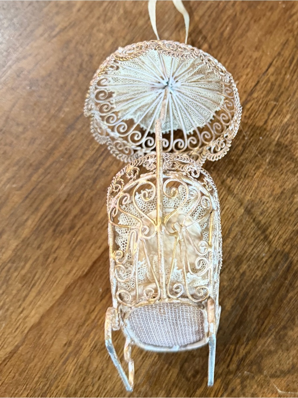 Dollhouse Miniature Ornate Cream Filigree Hanging Chair with Umbrella  Décor